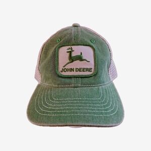 Vtg John Deere Green & Khaki Mesh Cap adjustable Back 6 Panel Trucker Cap #1595